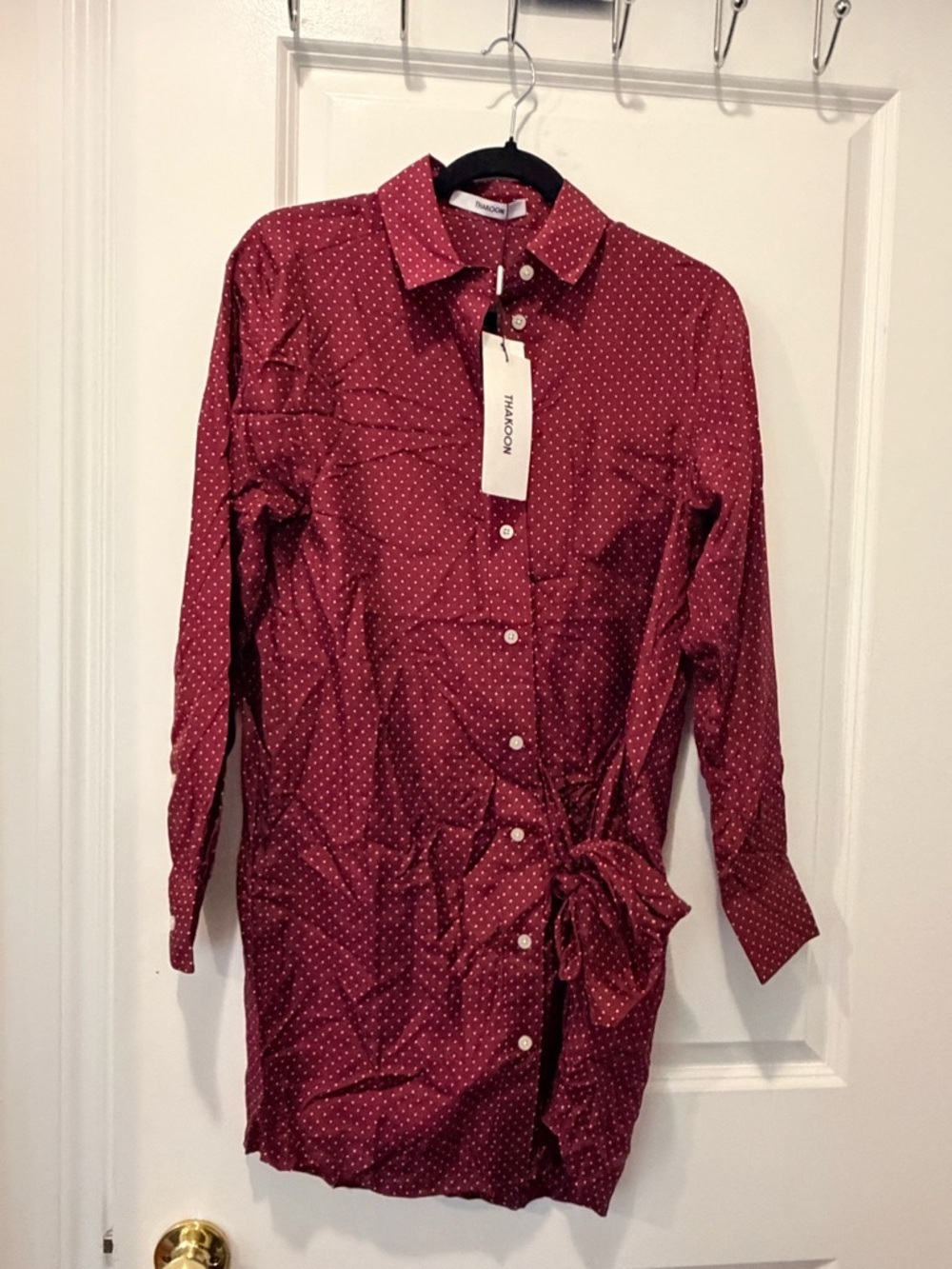NWT Thakoon 100% Silk Polkadot Red Wrap Tie Shirt Dress - Small